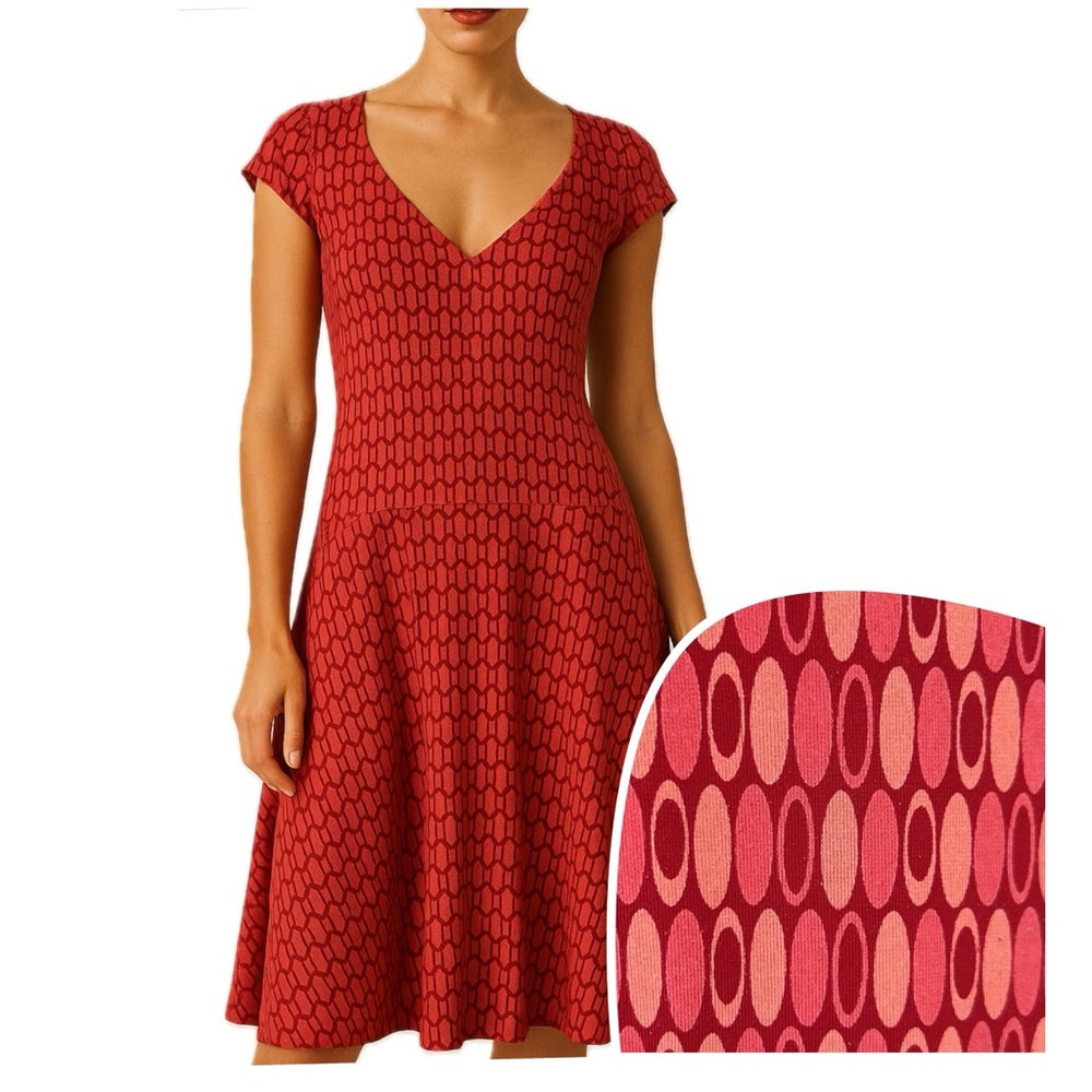 Red Geometric Pattern fit & flare sweetheart neck dress